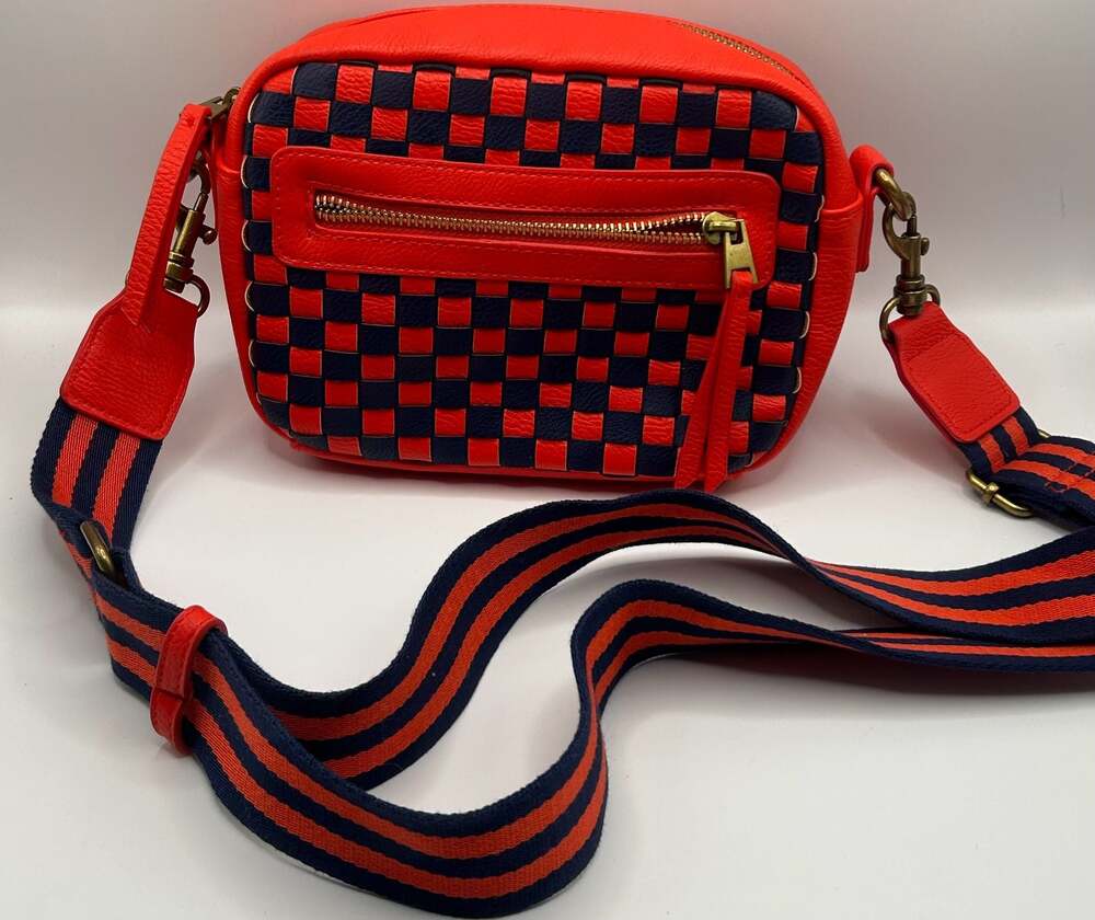 Woven Checkerboard Camera Crossbody Bag in Red and Navy